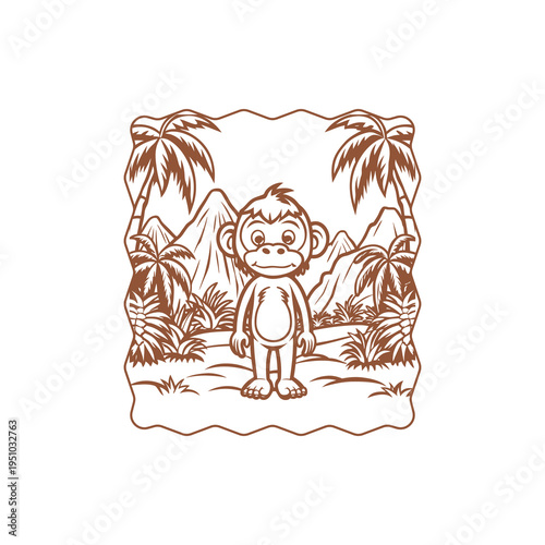 Cute cartoon monkey standing in a tropical jungle landscape with palm trees and mountains in a brown outline drawing style.