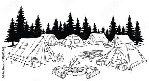 Camping scene with tents a campfire and a forest silhouette