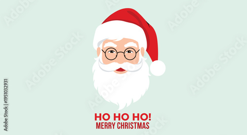 Friendly face of jolly Santa Claus with white beard and spectacles is centered above Merry Christmas holiday text.