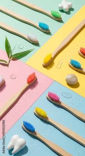 Numerous eco-friendly wooden toothbrushes are arranged diagonally across colorful background sections