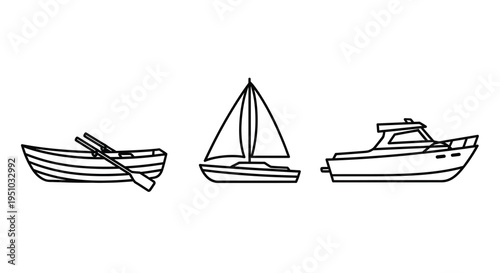 Simple line drawing of three boats sailboat rowboat and motorboat silhouette