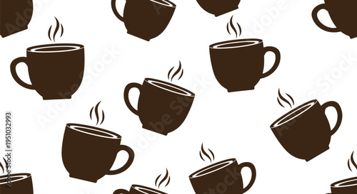 Seamless coffee cup vector pattern with steaming mugs on white background for cafe design