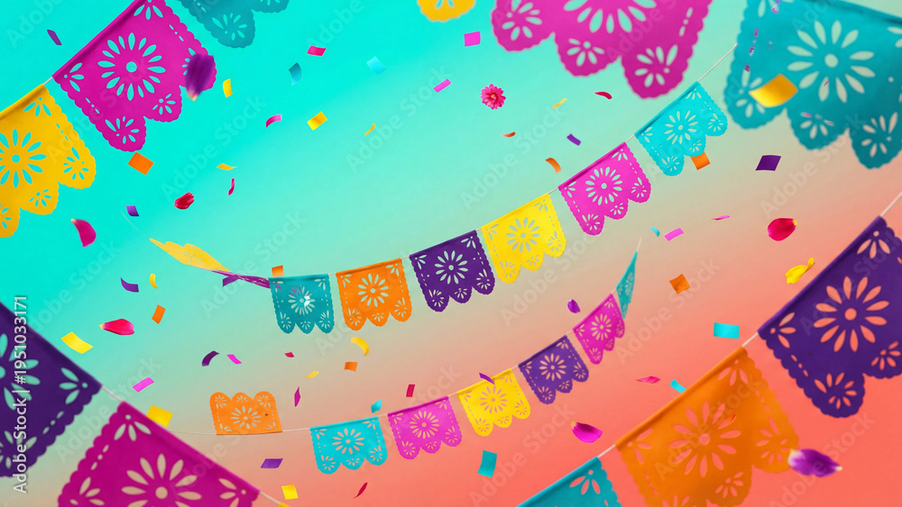 Fototapeta premium Colorful papel picado banners with confetti for Cinco de Mayo celebration 