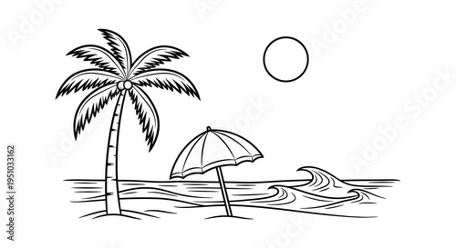 Tropical beach scene with palm tree sun and umbrella silhouette