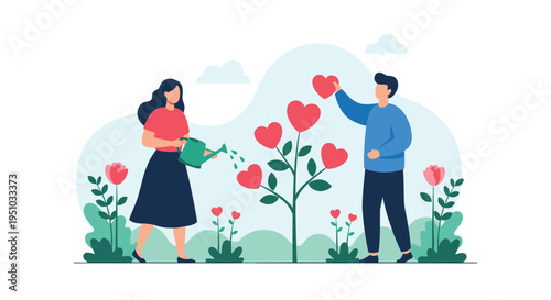 Devoted man and woman collaborate to grow and care for a tree with heart-shaped leaves in a beautiful garden setting.