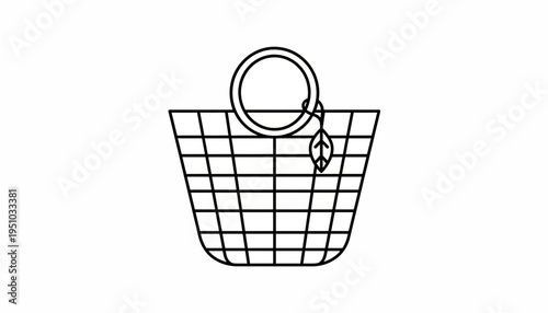 Minimalist line art of a woven basket with a leaf charm and ring handle, symbolizing nature and eco-friendly shopping.