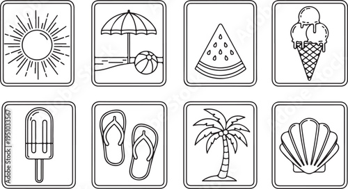 Summer-themed illustrations showcasing various beach and sunny day elements Vector