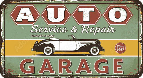 Vintage car service and gas station vector metal sign. Gas station for car, metal grunge banner vector illustration. Transparent background EPS version.