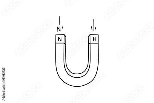 A line drawing of a horseshoe magnet with north and south poles labeled, isolated on a white background, used for educational purposes to illustrate magnetic fields and polarity.