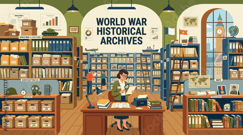 Woman working in a historical archive of World War documents.