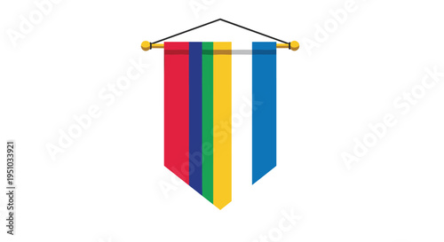 Simple colorful banner with vertical stripes of red blue green and yellow hangs from a wooden bar with a string.