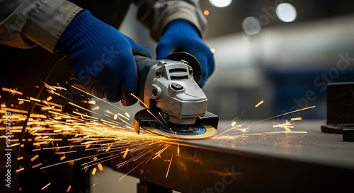 Closeup of person grinding metal with angle grinder creating bright sparks