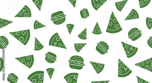Green fast food vector pattern with pizza slices and burgers seamless background