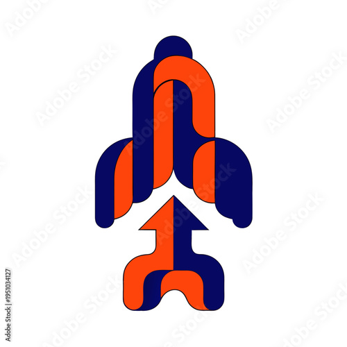 a single playful vector icon of a rocket launching with a growth arrow trail, distorted dynamic shapes in bright bold palette of orange and navy, thick outlines, flat white background, energetic start