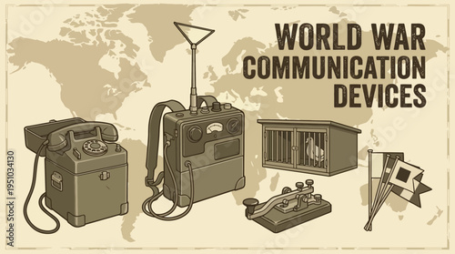 World War Communication Devices Vintage Military Radios and Telegraph.