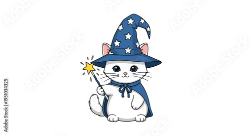 White kitten dressed as a magical wizard wearing a blue star patterned hat and cape holding a golden star wand.