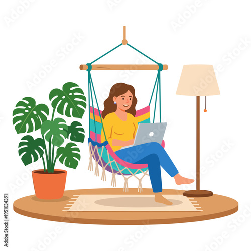 Woman relaxing on colorful hammock chair with laptop indoors at home