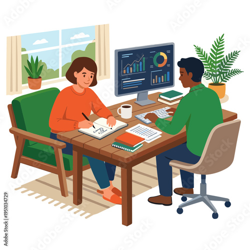 Two people sitting at a desk in an office discussing documents and data on a computer