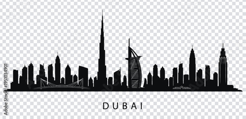 Vector illustration black silhouette of dubai city skyline with famous burj khalifa and sail shaped building