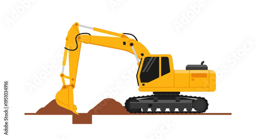 Yellow Excavator Digging Earth Flat Vector Illustration - Heavy Construction Machinery and Earthmoving Equipment for Infrastructure Projects