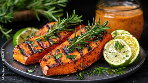 Delicious Baked Sweet Potato Wedges Grilled with Rosemary and Lime Served on a Dark Plate with a Jar of Sauce in the Background Highlighting a Warm Inviting Atmosphere Perfect for Food Photography