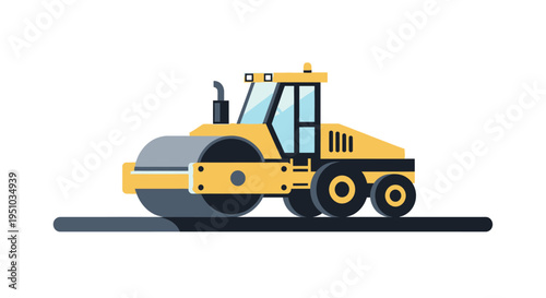 Road Roller Vector Illustration, Yellow Steamroller Paving Asphalt for Infrastructure Construction, Flat Design Heavy Machinery Icon on White Background