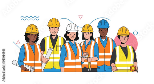 Diverse Construction Team of Architects and Engineers in Safety Gear Illustration