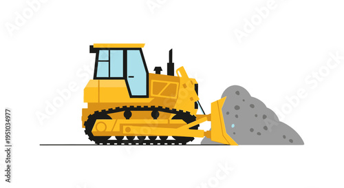 Yellow Bulldozer Construction Vehicle Pushing Gravel Pile Flat Vector Illustration Isolated on White Background