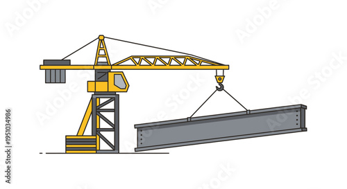 Yellow Tower Crane Lifting Large Steel I-Beam Vector Illustration on White Background