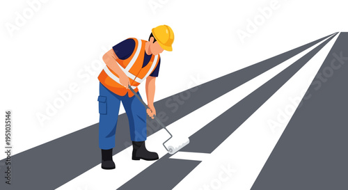 Road Construction Worker Painting White Traffic Lines on Asphalt Highway Vector Illustration