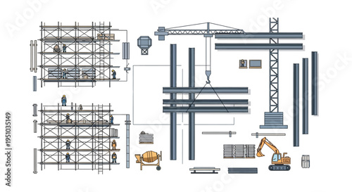 Construction Site Equipment and Building Development Vector Set with Scaffolding, Crane, Excavator, and Workers