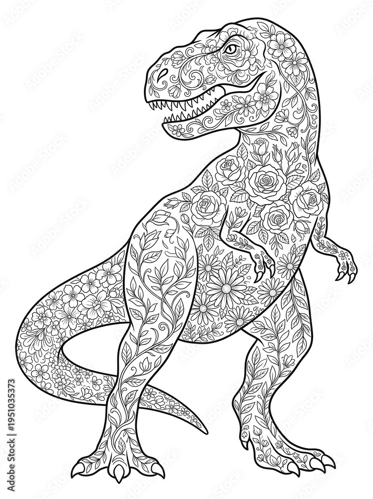 Fototapeta premium Floral Pattern T-Rex Coloring Page - Beautiful Botanical Dinosaur Design