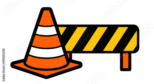 Orange Traffic Cone and Yellow Striped Road Barrier Icon, Vector Illustration of Construction Site Safety Equipment Isolated on White Background