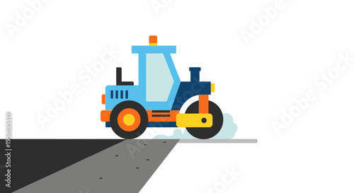 Flat Vector Illustration of a Road Roller Construction Vehicle Paving Asphalt Road for Infrastructure Development