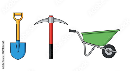 Construction and Gardening Tool Set Illustration with Shovel, Pickaxe, and Wheelbarrow