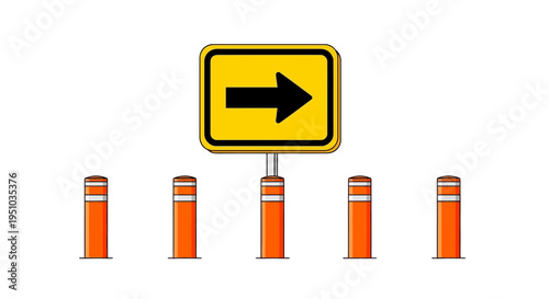 Yellow Directional Traffic Sign with Right Arrow and Orange Safety Bollards on White Background
