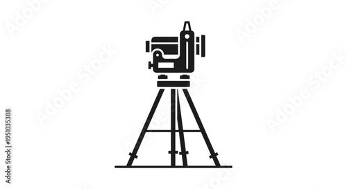 Black Theodolite Icon on Tripod for Land Surveying and Civil Engineering - Flat Vector Illustration