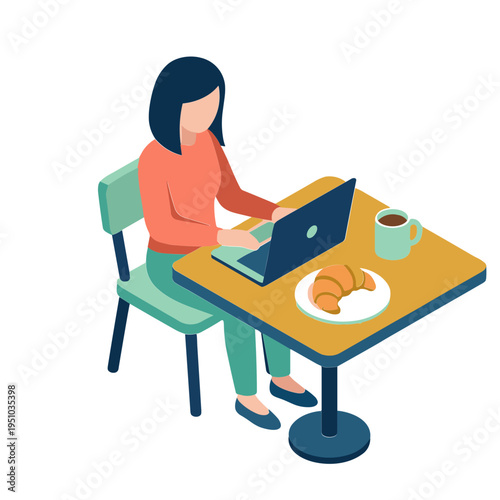 Woman works on laptop at table with croissant and coffee indoors