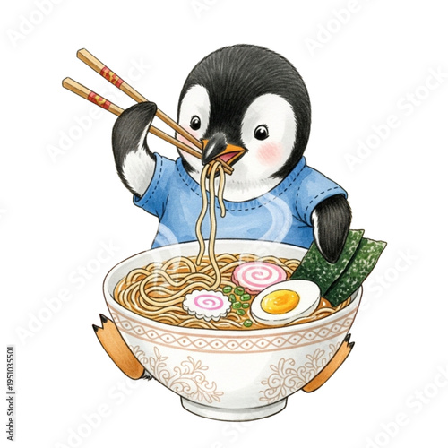Cute Penguin Eating Ramen Noodles, Whimsical Food Illustration, Adorable Animal Cartoon, Kawaii Japanese Cuisine Art

