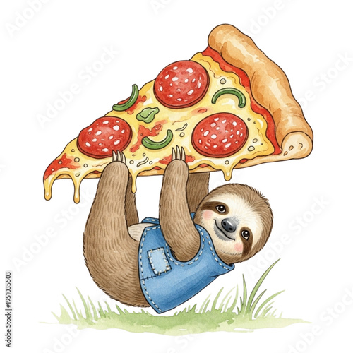 Cute Sloth Hanging Upside Down With a Slice of Delicious Pepperoni Pizza. Whimsical Kawaii Food Art, Funny Animal Illustration, Adorable.