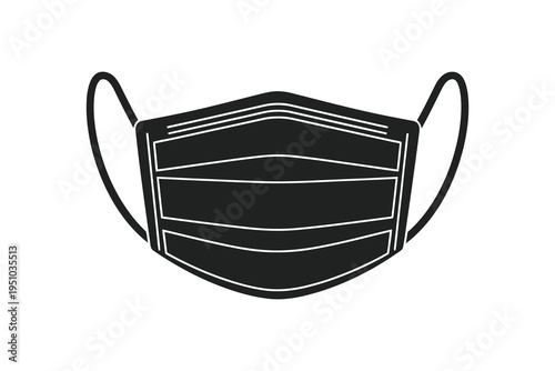 Black face mask with white stitching and elastic ear straps, protective medical equipment for health and safety, isolated on white background.