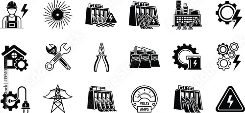 Electricity energy icons collection, hydroelectric dam vector, solar power symbol set, engineering tools silhouettes, industrial energy production, flat vector illustration