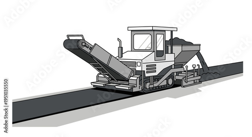 Vector Illustration of a Heavy-Duty Asphalt Paver Machine Constructing a New Road Surface
