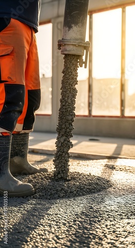Construction worker pouring wet concrete from hose onto floor indoors