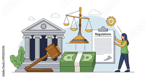 Legal concept featuring a courthouse, judge's gavel, scales of justice, stacks of money, and a woman holding a regulations document.