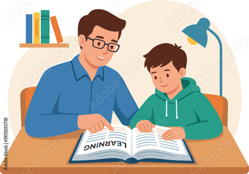 Father and son reading a book together at home learning