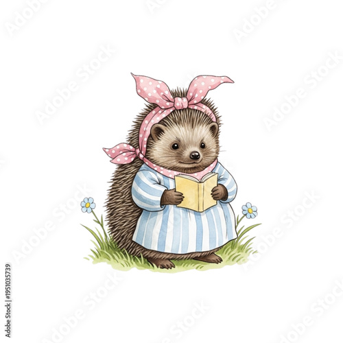 Cute Baby Hedgehog Reading Book, Whimsical Watercolor Illustration, Adorable Woodland Creature, Children's Book Character, Sweet Animal Art