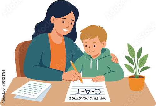 Woman helps young boy with writing practice at a desk indoors