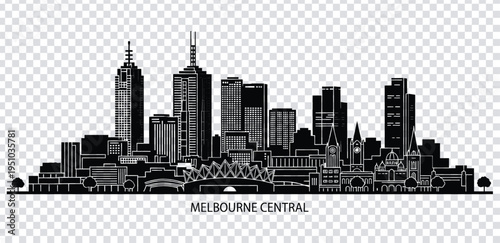 Vector illustration black and white illustration of melbourne city skyline with skyscrapers and buildings