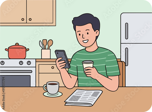 Man sits at kitchen table with coffee and phone in hand
